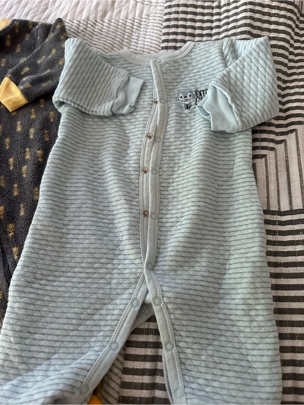 Rene Rofe Light Blue & Charcoal Footed Baby One-Pieces (Pair)